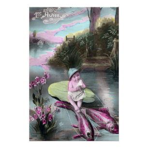 Poster Carte postale française vintage du poisson d'avril