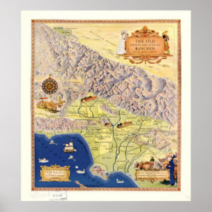 Poster Carte Ranchos 1937 du comté de Los Angeles en Cali
