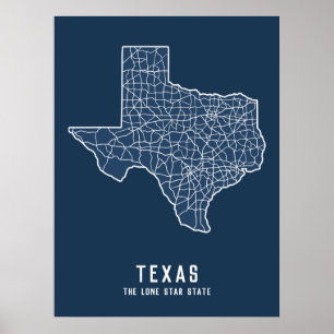 Poster Carte routière de l'état du Texas US - Carte de l'