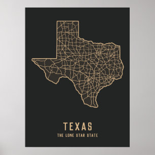 Poster Carte routière de l'état du Texas US - Carte de l'