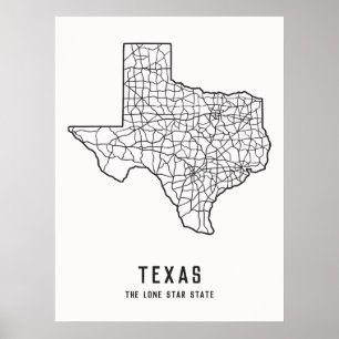 Poster Carte routière de l'état du Texas US - Carte de l'