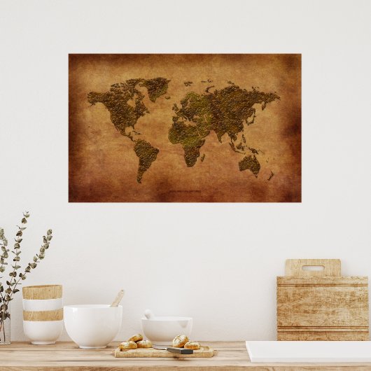 Poster Carte Rustique 3D World Map sur l'effet Parchemin (Cuisine)