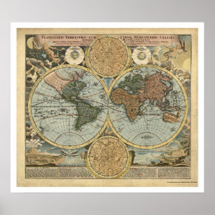 Poster Carte spectaculaire du monde par Homann 1716