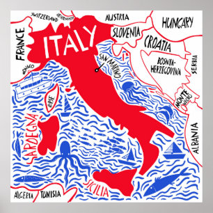 Poster carte stylisée de l'Italie dessinée à la main. 