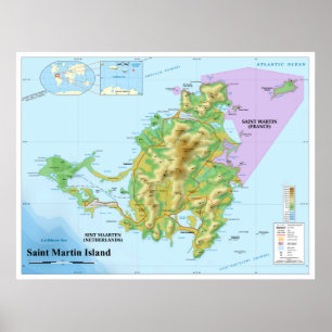 Poster Carte topographique de l'île des Caraïbes Saint-Ma