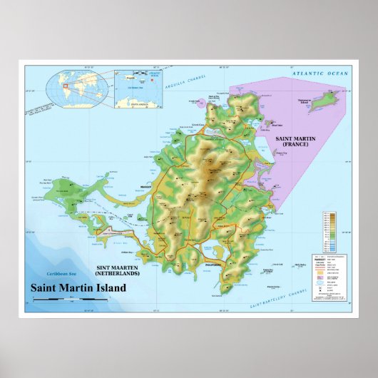 Poster Carte topographique de l'île des Caraïbes Saint-Ma (Devant)