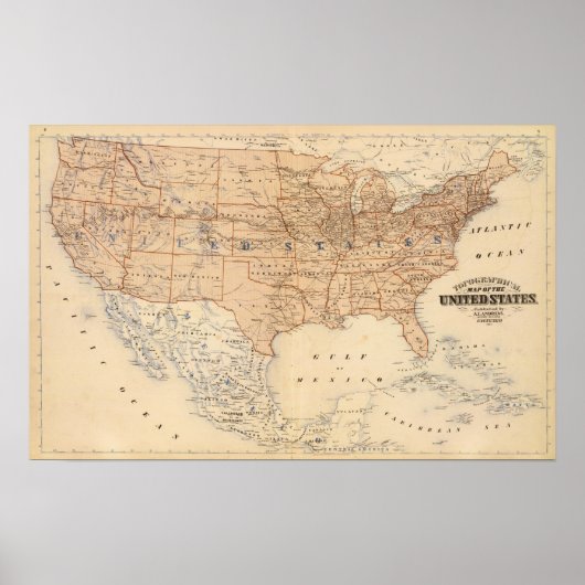 Poster Carte topographique des États-Unis (Devant)