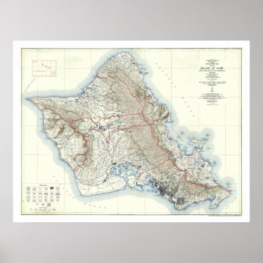 Poster Carte topographique Oahu Hawaii 1938 (Devant)