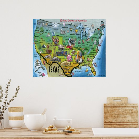 Poster Carte TX USA (Cuisine)