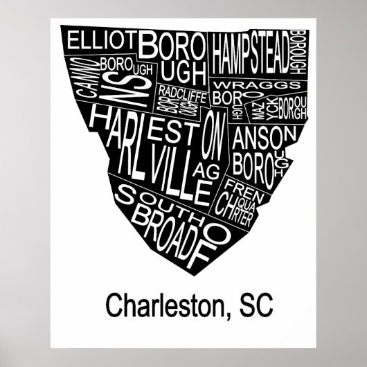 Poster Carte typographique de Charleston Négatif (Devant)