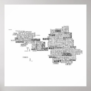 Poster Carte typographique noire de Co. Galway, Irlande