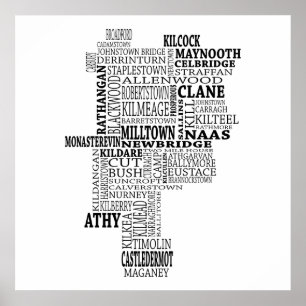 Poster Carte typographique noire de Co. Kildare, Irlande