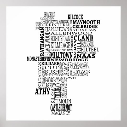 Poster Carte typographique noire de Co. Kildare, Irlande (Devant)