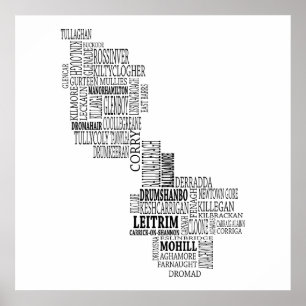 Poster Carte typographique noire de Co. Leitrim, Irlande