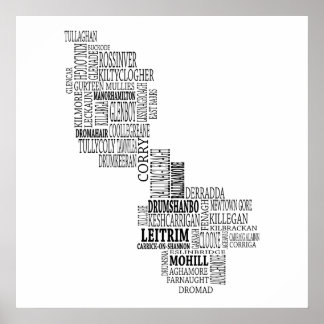 Poster Carte typographique noire de Co. Leitrim, Irlande