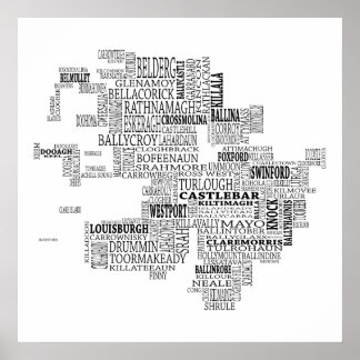 Poster Carte typographique noire de Co. Mayo, Irlande