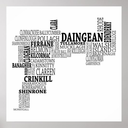 Poster Carte typographique noire de Co. Offaly, Irlande (Devant)