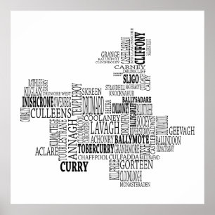Poster Carte typographique noire de Co. Sligo, Irlande