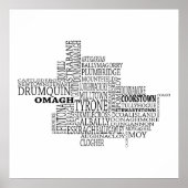 Poster Carte typographique noire de Co. Tyrone, Irlande (Devant)