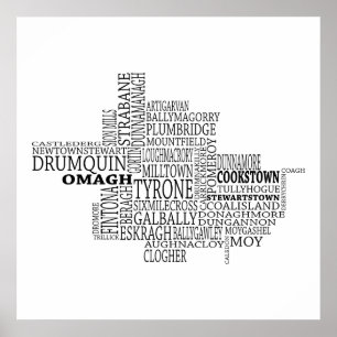 Poster Carte typographique noire de Co. Tyrone, Irlande