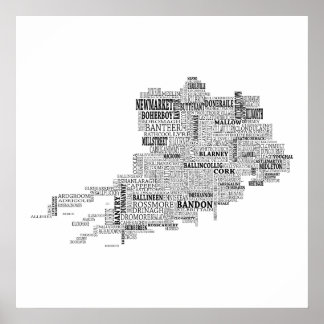 Poster Carte typographique noire du comté de Cork, Irland