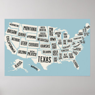 Poster Carte US Avec Noms D'États États États-Unis