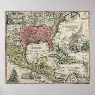 Poster Carte vintage Amérique du Nord et Caraïbes (1720)