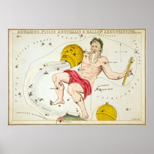Poster Carte vintage Aquarius Constellation (1825) (Devant)