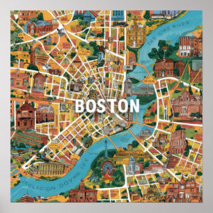 Poster Carte vintage Boston Massachusetts, Boston Ma Us