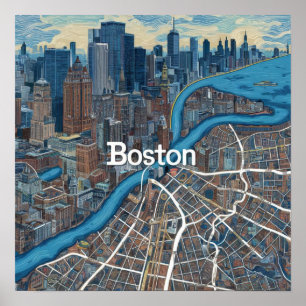 Poster Carte vintage Boston Massachusetts, Boston Ma Us