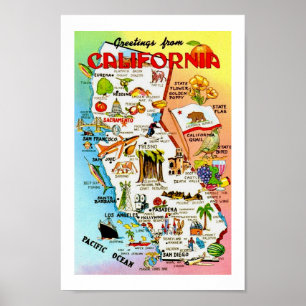 Poster Carte vintage couleur Californie Imprimer