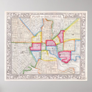 Poster Carte vintage de Baltimore du centre (1860)