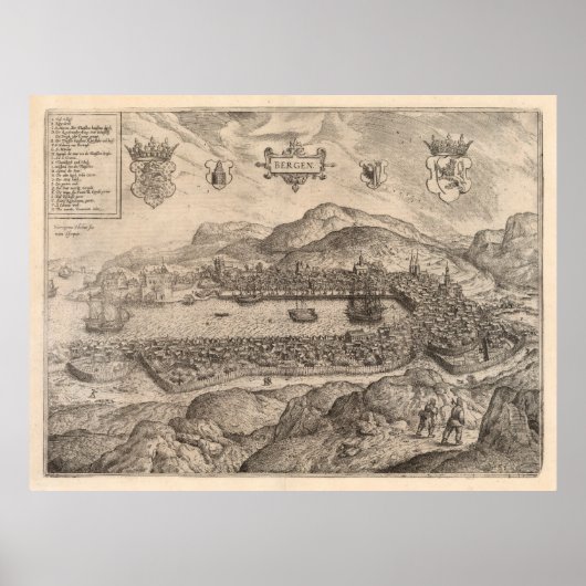 Poster Carte vintage de Bergen Norvège (1588) (Devant)
