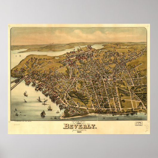 Poster Carte vintage de Beverly MA (1886) (Devant)