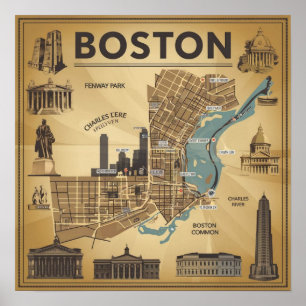 Poster Carte vintage de Boston Massachusetts, carte de Bo