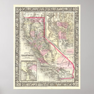 Poster Carte vintage de Californie, 1866