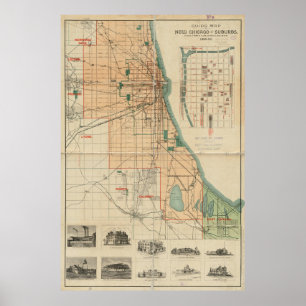 Poster Carte vintage de Chicago Illinois (1889)