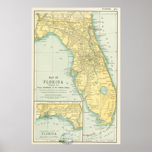 Poster Carte vintage de Floride (1891) (Devant)