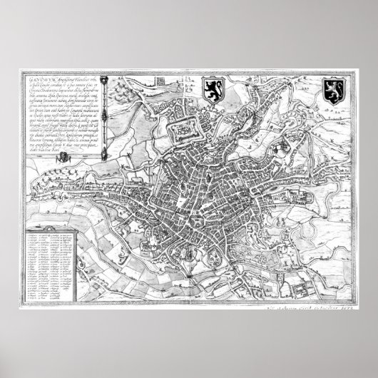 Poster Carte vintage de Gand Belgique (1650) BW (Devant)