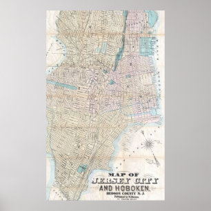 Poster Carte vintage de Jersey City et Hoboken (1886)