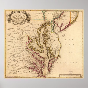 Poster Carte vintage de la baie de chesapeake (1719)