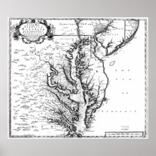 Poster Carte vintage de la baie de Chesapeake (1719) BW