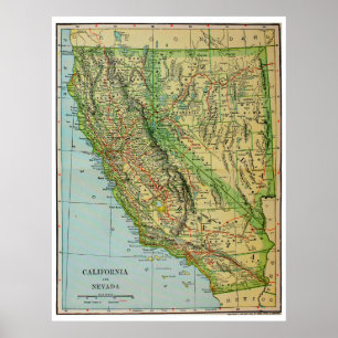 Poster Carte vintage de la Californie et du Nevada (1905)
