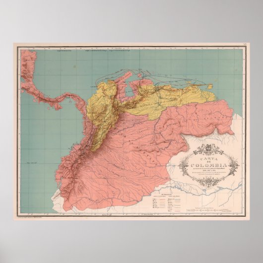 Poster Carte vintage de la Colombie (1890) (Devant)