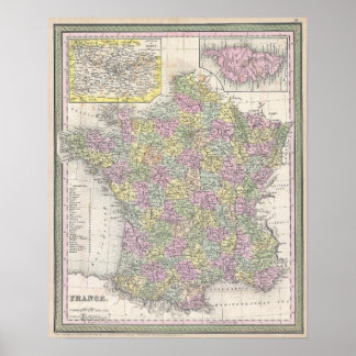 Poster Carte vintage de la France, 1853