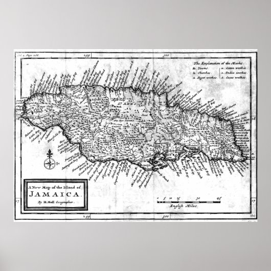 Poster Carte vintage de la Jamaïque (1771) BW (Devant)