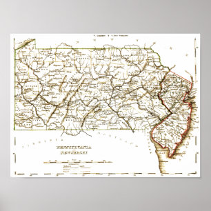 Poster Carte vintage de la Pennsylvanie+NJ 1875