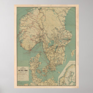 Poster Carte Vintage de la Suède, de la Norvège et du D
