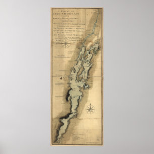 Poster Carte vintage de lac Champlain (1865)
