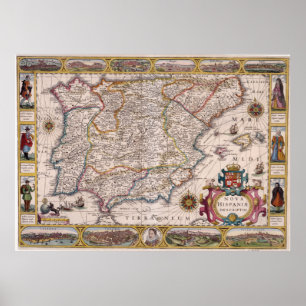 Poster Carte vintage de l'Espagne (1610)